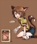 5_fingers ambiguous_gender brown_eyes brown_hair clothing ear_piercing fingers forked_tail gloves hair handwear light_body light_skin looking_at_viewer military nazi photo piercing solo swastika tail uniform unusual_anatomy unusual_tail white_clothing white_gloves white_handwear noyura hellsing touhou chen_(touhou) schrodinger_(hellsing) domestic_cat felid feline felis humanoid mammal 2011 digital_media_(artwork) full-length_portrait portrait