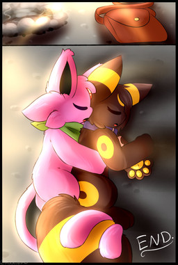 ambiguous_gender bag blue_collar collar cuddling duo feral green_scarf scarf sleeping tail tail_coil text rockii nintendo pokemon eeveelution espeon generation_2_pokemon pokemon_(species) umbreon comic english_text hi_res female_(lore) male_(lore)