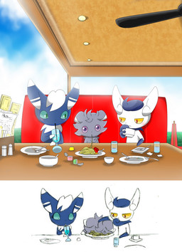 abuse ambiguous_gender blue_body blue_fur blue_hair ceiling_fan container cup cutlery drinking eating electric_fan food fork front_view fur furniture glass gloves_(marking) green_eyes grey_body grey_fur group hair inside kitchen_utensils knife markings menu multicolored_body multicolored_fur neck_tuft pasta pepper_shaker plate purple_eyes red_eyes salt salt_shaker sky spaghetti spoon table tools tuft two_tone_body two_tone_fur white_body white_fur white_hair young winick-lim nintendo pokemon espurr generation_6_pokemon meowstic meowstic_(female) meowstic_(male) pokemon_(species) 2014 comic hi_res