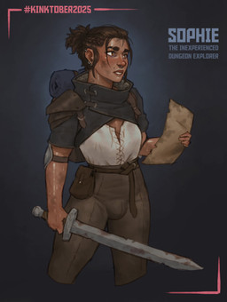 ambiguous_gender backpack bulge ear_piercing gynomorph intersex melee_weapon not_furry piercing simple_background solo sword weapon starlyve kinktober kinktober_2025 sophie_(starlyve) human mammal 2025 absurd_res hi_res