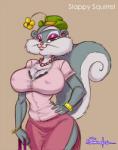 anthro big_breasts bra bra_peek bracelet breasts brown_eyes clothed clothing female flower fully_clothed grey_hair hair hat headgear headwear jewelry lipstick makeup nipple_outline plant ring shirt solo topwear underwear mr_samson animaniacs warner_brothers slappy_squirrel mammal rodent sciurid tree_squirrel 2014