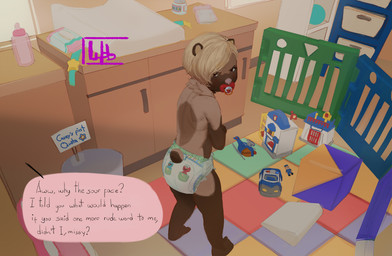 ageplay anthro baby_bottle blonde_hair brown_body brown_fur changing_table clean_diaper clothed clothing dialogue diaper diaper_fetish diaper_only duo female fur hair infantilism pacifier playmat playpen roleplay text topless wearing_diaper young young_anthro wob mammal digital_media_(artwork) english_text