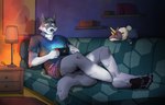 bottomwear clothing crossed_ankles furniture gaming inside lounging male plushie shirt shorts sofa solo t-shirt topwear arcticlion nintendo nintendo_switch that_time_i_got_reincarnated_as_a_slime ranga_(that_time_i_got_reincarnated_as_a_slime) canid canine canis mammal tempest_wolf wolf hi_res