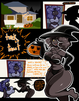 anthro anthrofied big_breasts blush breasts clothed clothing costume dialogue duo feet female female/female food fruit hair halloween_costume holidays looking_at_viewer nails plant pumpkin smile text thick_thighs toenails toes kiss_the_carrot halloween nintendo pokemon malpo_(kiss_the_carrot) sayi_(kiss_the_carrot) gastly generation_1_pokemon generation_4_pokemon ghost humanoid mismagius pokemon_(species) spirit comic digital_media_(artwork) english_text hi_res shaded
