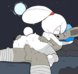 anthro anus balls bandage bandaged_arm bandaged_foot bandaged_leg blue_hair blush blush_lines bodily_fluids breasts butt duo erection eyes_closed feet female french_kissing full_moon fur genital_fluids genitals grey_body grey_fur hair kissing male male/female male_penetrating moon night nipples nude nude_anthro nude_female nude_male open_mouth outside outside_sex penetration penile penis pink_nipples ponytail ponytail_ears saliva saliva_on_tongue saliva_string sex sky small_breasts sweat tail thick_thighs tongue tongue_out vaginal_fluids vulva white_body white_fur white_hair usagibun1 kaito_(j3karts) tuqiu_(usagibun1) lagomorph leporid mammal rabbit 2025 digital_media_(artwork)