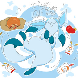 beverage blue_body blue_fur burger container cup dipstick_tail disposable_cup female female_feral feral food fries fur gloves_(marking) happy leg_markings lying markings on_back open_mouth open_smile pseudo_hair smile socks_(marking) soda solo tail tail_markings text thick_thighs wide_hips guzzlord420 burger_king nintendo pokemon canid canine eeveelution generation_4_pokemon glaceon mammal pokemon_(species) 1:1 2026 absurd_res digital_drawing_(artwork) digital_media_(artwork) english_text hi_res