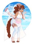 anthro blowing_kiss blue_eyes bottomwear bouquet bra braided_tail breasts brown_body brown_hair choker clothing diaper female garter_straps hair heart_symbol hooves jewelry knock-kneed legwear lingerie necklace one_eye_closed pregnant sky skyscape solo speckled_fur stockings tail underwear veil wavy_hair wedding_veil wink strawberryneko equid equine horse mammal hi_res