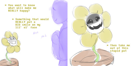 ambiguous_gender black_sclera creepy_face dialogue duo flower motion_onomatopoeia nodding not_furry onomatopoeia plant plant_pot purple_body purple_skin simple_background smile sound_effects text white_background illtrytobegood undertale undertale_(series) anon flowey_the_flower elemental_creature flora_fauna human mammal english_text