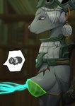 anthro biped breasts clothed clothing female green_eyes grey_body hair side_view solo speech_bubble white_hair amata nintendo tears_of_the_kingdom the_legend_of_zelda mineru mammal zonai absurd_res hi_res