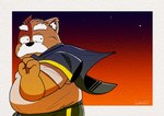 anthro belly black_nose bottomwear clothing facial_hair humanoid_hands kemono male mature_male mustache outside overweight overweight_male pants shirt solo star topwear gatoggy felid feline mammal 2022