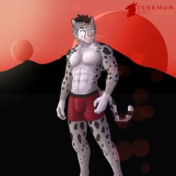 abs anthro biceps blue_eyes bottomwear bulge clothing fur male markings muscular presenting_body red_bottomwear red_clothing red_shorts shorts solo spots spotted_body spotted_fur spotted_markings spotted_tail tail tail_markings conditional_dnp teremunart felid feline mammal pantherine snow_leopard 1:1 absurd_res character_request hi_res