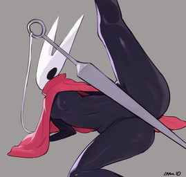anthro biped black_body black_eyes breasts cloak clothing convenient_censorship featureless_breasts female grey_background horn melee_weapon raised_leg simple_background solo spread_legs spreading sword weapon white_face white_horn bebebebebe hollow_knight_(franchise) team_cherry hornet_(hollow_knight) arthropod humanoid insect 2022 digital_media_(artwork) hi_res