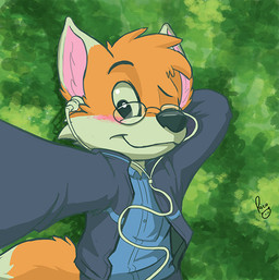 anthro black_nose blue_clothing blue_topwear closed_smile clothed clothing dipstick_ears ear_markings eyewear fur glasses glistening glistening_eyes grey_clothing grey_jacket grey_topwear hand_behind_head jacket logo looking_at_viewer lying male mouth_closed multicolored_ears on_back one_eye_closed open_clothing open_jacket open_topwear orange_body orange_fur orange_tail smile solo tail topwear white_body white_fur white_tail young young_anthro young_male pandapaco canid canine fox mammal artist_logo signature