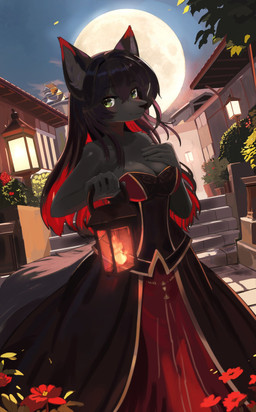anthro black_body black_fur black_hair breasts clothed clothing dress female front_view fully_clothed fur green_eyes hair lamp lantern looking_at_viewer moon multicolored_hair night outside red_clothing red_dress red_hair solo standing strapless_clothing strapless_dress two_tone_hair kemo_yuki yomiko_(minneyar) canid canine fox mammal absurd_res hi_res