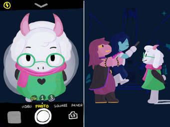 2_horns 2_panel_comic ambiguous_gender ambiguous_human anthro biped black_hair blue_body blue_skin carrying_another cellphone clothed clothing electronics eyewear female female_anthro floppy_ears fluffy fur glasses group hair heart_symbol holding_another holding_cellphone holding_object holding_phone holding_smartphone horn looking_at_viewer male male_anthro phone pink_body pink_hair pink_horn pink_scales scales scarf screencap screencap_background short_hair smartphone snout taking_picture text trio wearing_glasses white_body white_fur yellow_sclera mahfy3w deltarune undertale_(series) kris_dreemurr ralsei susie_(deltarune) bovid caprine darkner goat human mammal scalie 2025 4:3 comic digital_drawing_(artwork) digital_media_(artwork) english_description english_text hi_res