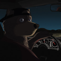 ambiguous_gender anthro backwards_baseball_cap backwards_hat baseball_cap black_nose black_snout car clothed clothing desert driver_side driving driving_car furgonomic_headwear furgonomics hat headgear headwear inside_car inside_vehicle looking_aside male night shirt solo steering_wheel topwear vehicle avianvevo arches_(game) echo_(series) echo_project devon_ortega bear mammal 1:1 english_description hi_res