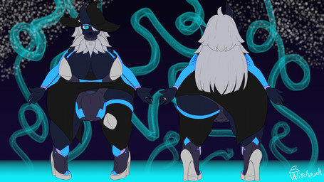 anthro big_breasts big_butt bikini blue_body blue_eyes breasts butt choker clothing cut_skirt footwear glowing glowing_clothing grey_hair hair hat headgear headwear herm high_heels huge_breasts huge_butt huge_hips intersex jewelry magic_user necklace ring shoes simple_background solo swimwear two-piece_swimsuit wide_hips witch witch_hat vvitchpunk palworld pocketpair vitch_valera felbat pal_(species) 16:9 4k absurd_res hi_res model_sheet widescreen