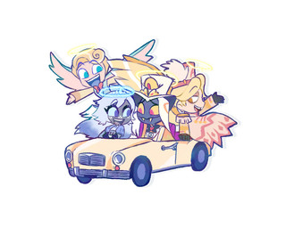anthro car clothed clothing driving fangs feathered_wings feathers female freckled_face freckles group halo male open_mouth teeth vehicle wings mu_nasi_0 hazbin_hotel hellaverse abel_(hazbin_hotel) emily_(hazbin_hotel) saint_peter_(hazbin_hotel) sir_pentious'_hat sir_pentious_(hazbin_hotel) angel angel_humanoid humanoid reptile scalie seraph_(angel) snake 5:4