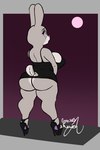 anthro big_breasts breasts butt clothed clothed_anthro clothed_female clothing dress female female_anthro footwear fur grey_body grey_fur high_heels looking_back mature_anthro mature_female night nipple_outline no_bra no_underwear overweight overweight_anthro overweight_female presenting presenting_hindquarters purple_eyes shoes short_dress skimpy_dress solo standing tail wayesh disney zootopia bonnie_hopps lagomorph leporid mammal rabbit hi_res signature