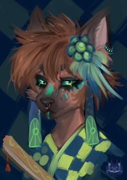 accessory ambiguous_gender anthro asian_clothing brown_body brown_fur brown_hair checkered checkered_background clothing ear_piercing ear_ring east_asian_clothing eyeliner eyeshadow facial_markings facial_piercing fur glance glowing glowing_eyes glowing_markings green_eyes hair hair_accessory head_markings hoop_ear_ring japanese_clothing jewelry kimono looking_at_viewer makeup markings messy_hair nose_piercing pattern_background pattern_clothing piercing ring_piercing septum_piercing shaggy_hair simple_background smile smirk solo tassels teal_markings fvck-chan domestic_cat felid feline felis mammal bust_portrait digital_media_(artwork) digital_painting_(artwork) hi_res painting_(artwork) portrait