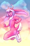 anthro antlers buckteeth butt butt_heart feet femboy floppy_ears fur green_eyes grey_hair hair happy horn kneeling long_ears looking_at_viewer looking_back lop_ears male neck_tuft nude pink_body pink_fur pink_nose pose scut_tail short_tail solo tail teeth tongue tuft white_feet white_tail white_tuft lockworkorange arashi_kumo deer domestic_rabbit hybrid jackalope lagomorph leporid lop_rabbit mammal oryctolagus rabbit digital_media_(artwork) hi_res pinup shaded