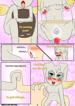 anthro areola blush bodily_fluids cartoon_freckles cum cum_on_face dialogue duo ejaculation eyelashes female freckled_face freckles genital_fluids genitals hand_holding long_eyelashes male male/female motion_lines text vaginal_fluids vaginal_squirting vulva wings young young_anthro otakon_(artist) angel_hare the_east_patch angel_gabby jonah_whitman angel human lagomorph leporid mammal rabbit comic english_text hi_res