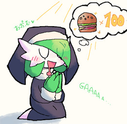 burger eyes_closed female food hair hair_over_eye kneeling not_furry nun praying solo text thought_bubble melfunnysmell nintendo pokemon gaba_(melfunnysmell) gardevoir generation_3_pokemon humanoid pokemon_(species) japanese_text