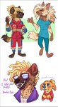 2021 absurd_res alpha_channel ambiguous_gender anthro biped blue_eyes blush border brown_body brown_fur canid canine canis claws clothed clothing dialogue domestic_dog duo english_text eye_contact eyewear feet female_(lore) fur fuzzbutts_(lopoddity) glasses handpaw hi_res holding_donut hyena looking_at_another lopoddity male mammal mason_fletcher multiple_images pawpads paws savannah_(fuzzbutts) sharp_teeth simple_background smile spotted_hyena standing striped_hyena sunglasses tan_body tan_fur teeth text transparent_border virgil_(fuzzbutts) white_background