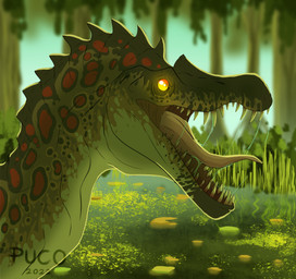 ambiguous_gender bodily_fluids feral forest grass green_body markings open_mouth outside pink_tongue plant pupils red_markings saliva sharp_teeth slit_pupils solo teeth tongue tree yellow_eyes puco2000 dinosaur prehistoric_species reptile saurischian scalie spinosaurid spinosaurus theropod 2022 absurd_res colored digital_drawing_(artwork) digital_media_(artwork) hi_res shaded