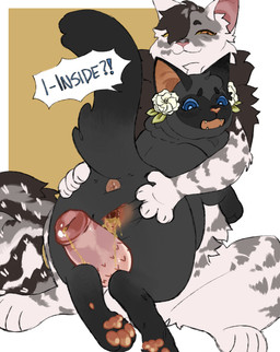 amber_eyes anus blue_eyes blush bodily_fluids dialogue disability dripping duo female feral feral_on_feral flower fur gardenia_(flower) genital_fluids genitals grey_body grey_fur male male/female multicolored_body multicolored_fur pawpads penile_spines penis plant shocked smug spread_vulva spreading text urine urine_in_pussy vulva watersports anglwshot warriors_(book_series) cinderpelt_(warriors) fan_character domestic_cat felid feline felis mammal english_text hi_res