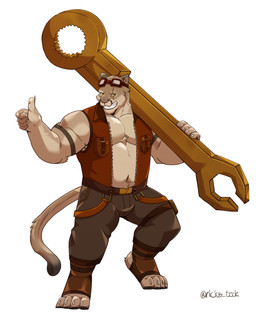 alternative_fashion anthro big_wrench engineer_(profession) gesture hand_gesture male musclegut muscular pockets pose smile solo steampunk tail thumbs_up tools wrench jumperbear ricius_teck cougar felid feline mammal absurd_res hi_res