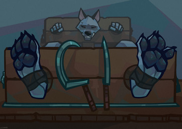 4_toes anthro barefoot bdsm bodily_fluids bondage bondage_gear bound claws clenched_teeth collar cuff_(restraint) cuffs_to_collar dungeon facial_markings feet fist foot_focus foot_wraps front_view fully_bound fur grey_background grey_body grey_fur head_markings helpless leg_wraps lock looking_away male markings mask_(marking) narrowed_eyes nervous nervous_sweat nude pawpads plantigrade pointy_ears prick_ears prisoner red_eyes restrained_legs restraints shy sickle simple_background sitting soles solo stirrup_legwear stirrups stocks submissive submissive_male sweat sweatdrop sweaty_feet teeth toes wood wooden_stock wrapped_feet wrapped_legs wraps misckass dreamworks puss_in_boots_(franchise) death_(puss_in_boots) canid canine canis mammal wolf hi_res