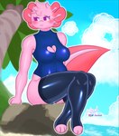 :3 anthro beach blush blush_lines breasts clothed clothing cloud day embarrassed female flustered fur hair heart_symbol highlights_(coloring) latex latex_clothing latex_legwear latex_skinsuit latex_stockings legwear looking_away outside palm_tree paws pink_body pink_hair plant purple_eyes rock sand sitting skinsuit sky solo stockings swimwear tail thick_thighs tight_clothing tree water artxol cherry_(artxol) amphibian axolotl marine mole_salamander salamander 2024 digital_drawing_(artwork) digital_media_(artwork) hi_res