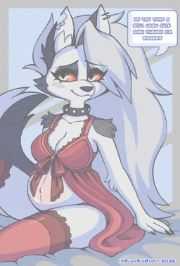 anthro bed belly belly_blush big_breasts black_nose blush body_blush breasts cleavage clothed clothing collar dialogue ear_piercing ear_ring eyebrow_piercing eyebrow_ring facial_piercing female fur furniture grey_body grey_fur hair humanoid_hands legwear lingerie long_hair looking_at_viewer navel notched_ear on_bed outie_navel piercing pregnant pregnant_anthro pregnant_female red_sclera ring_piercing sitting sitting_on_bed sleepwear solo speech_bubble spiked_collar spikes tail talking_to_viewer text thigh_highs wearing_collar white_body white_eyes white_fur white_hair bluestripedrenulian hellaverse helluva_boss mythology loona_(helluva_boss) canid canid_demon canine canis demon hellhound mammal mythological_canine mythological_creature wolf 2026 absurd_res english_description english_text hi_res