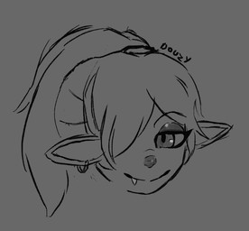 ambiguous_gender ear_piercing fangs hair hair_over_eye happy looking_at_viewer piercing pointy_ears prick_ears solo teeth douzy league_of_legends riot_games tencent goblin humanoid yordle monochrome