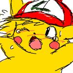 ambiguous_gender blush bodily_fluids clothing hat headgear headwear open_mouth simple_background solo sweat white_background pasaran nintendo pokemon ashchu generation_1_pokemon pikachu pokemon_(species) 1:1 digital_media_(artwork) low_res oekaki