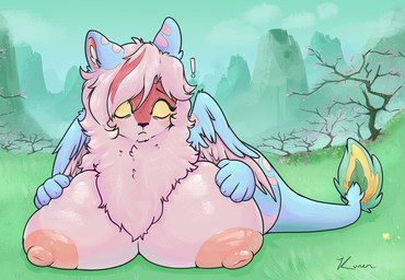 areola big_areola big_breasts blue_body blue_fur breasts busty_feral confusion curvy_figure empty_eyes exclamation_point female feral fur hair huge_breasts long_hair mountain multicolored_body multicolored_fur nipples no_pupils paws pink_areola pink_body pink_fur pink_nipples plant quadruped sitting solo tree wings yellow_sclera konen asian_mythology chinese_mythology east_asian_mythology fabulous_beasts mythology hundun_(fabulous_beasts) hundun detailed shaded signature