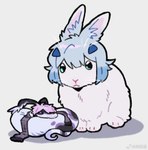 ambiguous_gender blue_hair duo feral fur hair pink_hair scarf semi-realistic whiskers white_body white_fur zhang_gun ah_xin_(zhang_gun) xiaohen_(zhang_gun) lagomorph leporid mammal rabbit reptile scalie snake hi_res