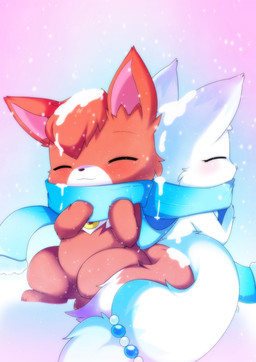 anthro bangs blue_markings blush cheek_tuft chibi duo eyes_closed facial_tuft female fluffy fluffy_tail fur happy jewelry long_tail male male/female markings necklace red_body red_fur romantic romantic_ambiance romantic_couple scarf sharing_clothing sharing_scarf smile snow snow_on_body snow_on_fur snowing tail tuft white_body white_fur white_markings plushcrochet jewelpet sanrio sega_fave carney_(carnelianfox) fan_character larimar_(jewelpet) arctic_fox canid canine fox mammal red_fox true_fox absurd_res hi_res