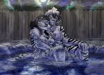 anthro bath bathing black_hair blue_eyes breasts canon_x_oc chest_tuft cuddling duo eyes_closed female fence fluffy fluffy_tail fur grey_body grey_fur hair heart_symbol hot_spring intimate lap male male/female multicolored_hair muscular night outside pink_nose plant rock sitting spots steam stripes tail tree tuft water wet white_body white_fur white_hair mrease twokinds adira_riftwall harry_campbell felid keidran mammal pantherine snow_leopard tiger