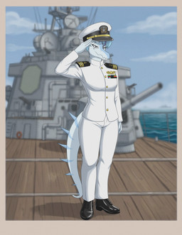 anthro biped blue_body blue_hair border bottomwear breasts clothed clothed_anthro clothed_female clothing cloud day detailed_background female fingers footwear front_view furgonomic_bottomwear furgonomics gesture grey_eyes hair half-closed_eyes hat headgear headwear highlights_(coloring) jacket looking_at_viewer markings medium_breasts narrowed_eyes navy_uniform non-mammal_breasts outside pants plantigrade pose purple_hair salute sea ship shoes short_hair sky smile smirk solo spiked_tail spikes spikes_(anatomy) standing striped_markings stripes tail tan_border topwear vehicle water watercraft white_bottomwear white_clothing white_jacket white_pants white_topwear jaaayyaaay goodbye_volcano_high ko_op_(game_developer) nick_(gvh) baryonyx dinosaur prehistoric_species reptile saurischian scalie spinosaurid theropod absurd_res colored full-length_portrait hi_res portrait shaded