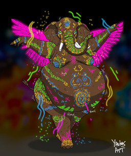 anthro belly belly_overhang big_belly breasts brown_arms brown_body brown_ears brown_legs brown_trunk confetti feathers female horn huge_belly medium_breasts navel pink_body pink_feathers pink_wings rumbling_stomach solo thick_thighs white_horn wide_hips wings yauhasart elephant elephantid mammal proboscidean 2026 flat_colors hi_res watermark