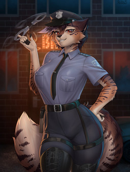 anthro belt boots clothed clothing cuff_(restraint) female footwear gold_(metal) gold_tooth gun handcuffs handpaw knee_boots knee_highs laced_boots legwear looking_at_viewer metal_cuffs necktie outside paws police police_officer police_uniform ranged_weapon red_eyes restraints shirt shoes smile solo topwear uniform weapon pewas domestic_cat felid feline felis mammal hi_res