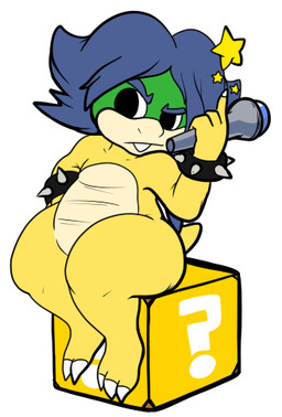 ?_block block blue_hair bracelet electronics hair item_box jewelry male microphone simple_background sitting solo spiked_bracelet spikes thick_thighs white_background aintsmart mario_bros nintendo koopaling ludwig_von_koopa koopa scalie 2013 digital_media_(artwork) low_res
