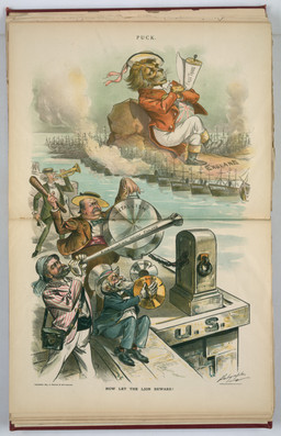anthro beard biped black_text boat bow_tie caption clothing club_(weapon) crossed_legs cymbals docks england facial_hair flag green_clothing green_suit group hat headgear headwear holding_club holding_cymbals holding_melee_weapon holding_object holding_pan holding_paper holding_weapon jacket label macro male mane melee_weapon musical_instrument mustache overweight paper pattern_clothing pattern_jacket pattern_topwear percussion_instrument playing_music playing_trumpet sitting size_difference smoke straw_hat striped_clothing striped_jacket striped_topwear stripes suit text top_hat topwear union_jack_clothing united_states_of_america vehicle vest water watercraft weapon louis_dalrymple public_domain puck_(magazine) benjamin_harrison british_lion henry_lodge thomas_reed whitelaw_reid felid human lion mammal pantherine 1894 19th_century absurd_res ancient_art english_text hi_res lithograph_(artwork) signature traditional_media_(artwork)