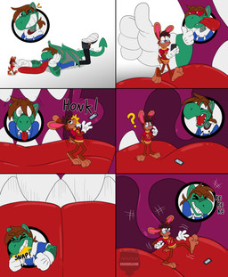 3_toes 4_fingers anthro big_feet big_grin big_tongue bottomwear cartoon_gloves clothing dazed dizzy dizzy_eyes duo feet fingers footwear heart_eyes heart_symbol hoodie inside_mouth looking_at_viewer macro male male/male mawplay micro one_eye_closed open_mouth pants pawpads paws red_tongue shoes size_difference sneakers snickering soft_vore soles tail toes tongue tongue_out toony topwear uvula uvula_on_head uvula_play vore wings wink winking_at_viewer crocdragon89 mythology joshua_edgars_(crocdragon89) roderick_(tamerkoh) toon_joshua_edgars_(crocdragon89) dragon lagomorph leporid mammal mythological_creature mythological_scalie rabbit scalie 2023 absurd_res comic hi_res