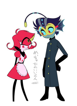 1_eye anthro clothed clothing coat duo ear_frill eyewear female frill_(anatomy) glasses lab_coat lure_(anatomy) male simple_background text topwear white_background enaic31 hazbin_hotel hellaverse baxter_(hazbin_hotel) niffty_(hazbin_hotel) anglerfish aquatic cyclops demon demon_humanoid fish humanoid 2025 absurd_res digital_media_(artwork) hi_res japanese_text translation_request