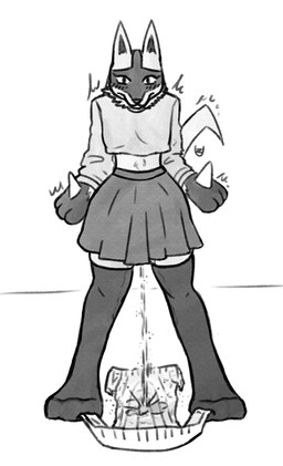 anthro blush blush_lines bodily_fluids bottomwear clothing crop_top diaper embarrassed female genital_fluids legwear looking_at_viewer midriff open_diaper peeing peeing_on_ground shaking shirt simple_background skirt solo thick_thighs thigh_highs topwear urine urine_on_ground white_background zesty_unease nintendo pokemon canid canine generation_4_pokemon lucario mammal pokemon_(species) absurd_res hi_res monochrome sketch