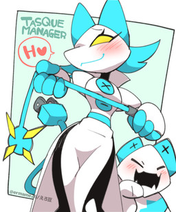 4_fingers anthro biped blush clothed clothing duo female fingers holding_object holding_whip kemono machine no_pupils speech_bubble text whip yellow_eyes eromame deltarune undertale_(series) tasque_manager darkner felid mammal robot tasque 2021 character_name digital_media_(artwork)