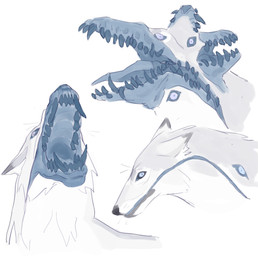 ambiguous_feral ambiguous_gender black_nose blue_teeth body_horror cheek_tuft ears_back facial_tuft fangs feral front_view fur gore grey_body grey_fur multi_mouth pivoted_ears side_view simple_background solo teeth tuft white_background white_body white_fur justkiddinb canid canine mammal absurd_res hi_res